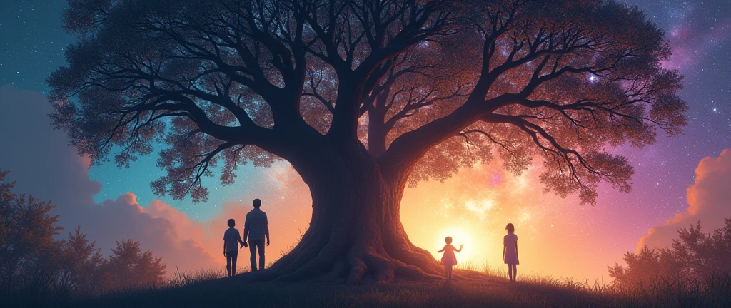 Giant tree with many large, spreading branches, multicolored background with galactic atmosphere colorful nebulae and stars couple with three children 