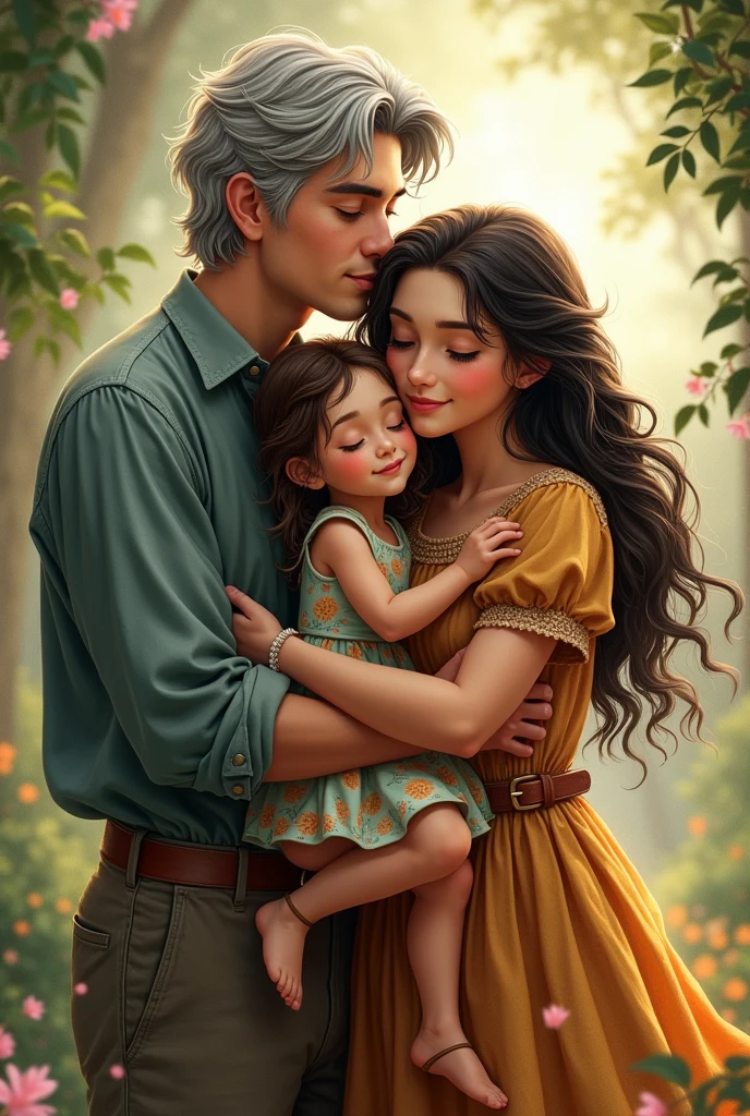 A drawing for a magical tale where a young man appears who is not very thin, gray-haired with a not-so-thin woman,black-haired hugging her brown-haired daughter, that has a colorful dress and that she is in her arms