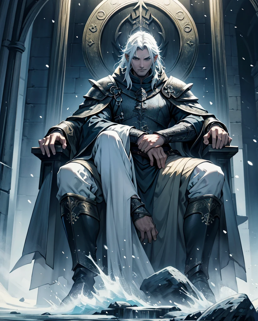 Please create a HD cover for my novel with a domineering man sitting on a throne,This is its introduction:Winter is coming,The fate of Skyrim hangs by a thread。The Thalmor's cavalry tramples this ancient land,The shadow of the dragon looms over the world。And he,Relos,A humble bastard,But holds the power to change everything - the blood of the Dragonborn。 But it's not salvation he desires,But conquer。He will pave a bloody road to the pinnacle of power with iron, blood and fire,Stepping on the corpses of enemies,Ascend the and cold throne。