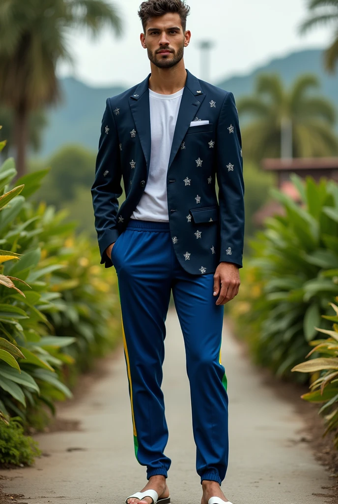 brazil uniforms, male version where it is a more elegant aesthetic and the blazer is a dark blue color with white stars, blue pants with green and yellow details and white flip flops