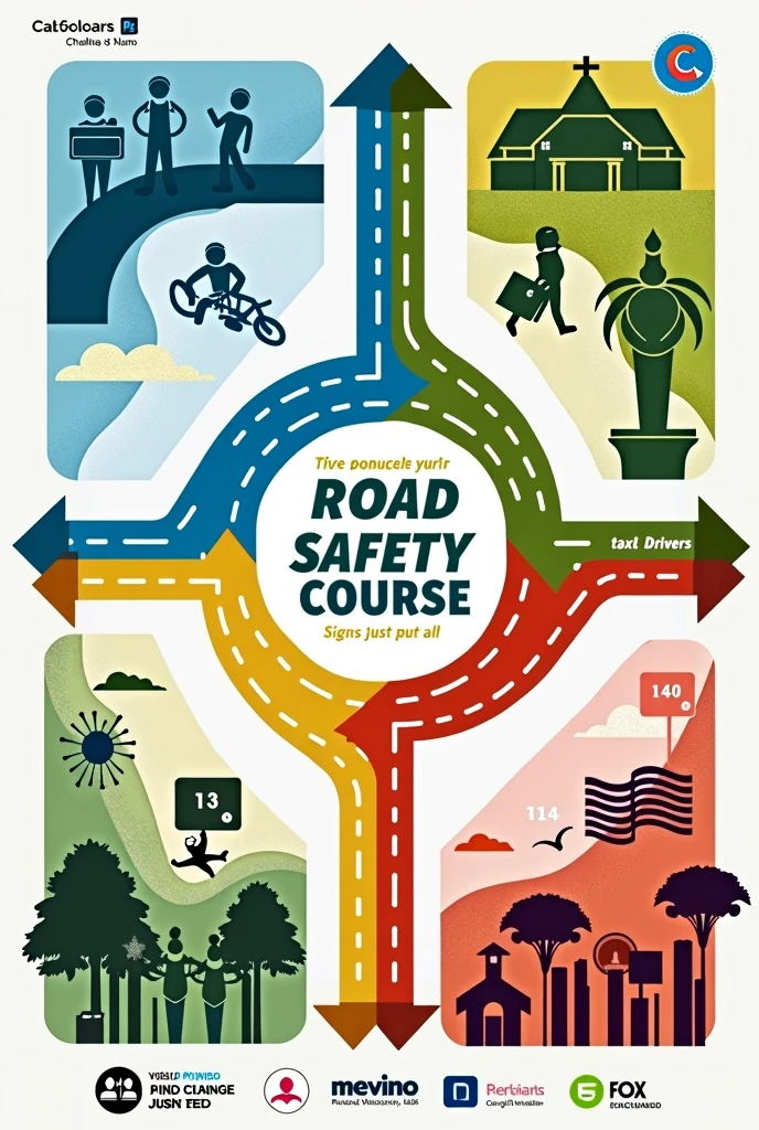 Generate a flyer inviting people to sign up for a road safety course Imagine a flyer divided into four quadrants. Each quadrant has an icon that represents the students, merchants, taxi drivers, y mototaxi drivers. Use bright colors (like blue for students, verde para merchants, amarillo para taxi drivers, y rojo para mototaxi drivers) that correspond to each group. In each section, Use simple graphics like arrows and paths to guide the eye toward the signup message. Transform the way you move! Have you ever wondered how you could contribute to safer and more efficient mobility in our city?? Now you have the opportunity to be part of the change. We invite you to sign up for our Road Mobility workshop, where you will not only learn to protect yourself and others on the roads, but you will also discover how a small change in your behavior can have a big impact on our community.. Why attend?? Raise your knowledge: Learn the rules that will make you a more conscious and responsible road user. Protect your life and that of others: Learn techniques to prevent accidents and manage risky situations. Be an example in your community: Become a benchmark for good mobility and contribute to a safer road environment. Don't miss this opportunity! Sign up today and join those who are making a difference!! The image must contain real images that relate to the municipality of Chachawi in the department of Nariño in Colombia