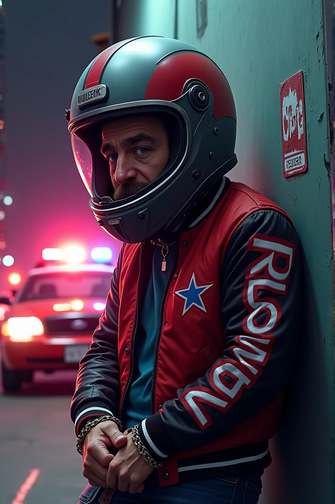 Generate a biker handcuffed on a wall wearing a sports helmet red an black with jacket written Khan background lights of police cars and cartoonish image with big head and 