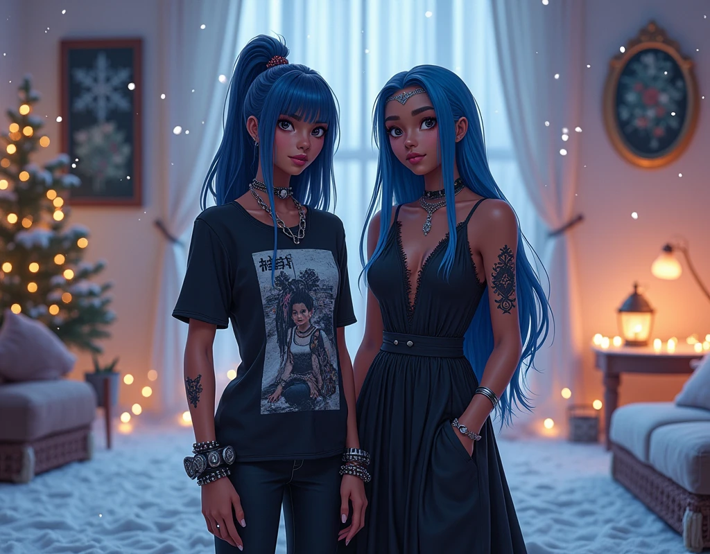 A short-haired black girl wearing a rock band shirt, black pants, and bracelets poses next to her long-haired blue sister wearing a black dress in a room decorated in a snowy style.
