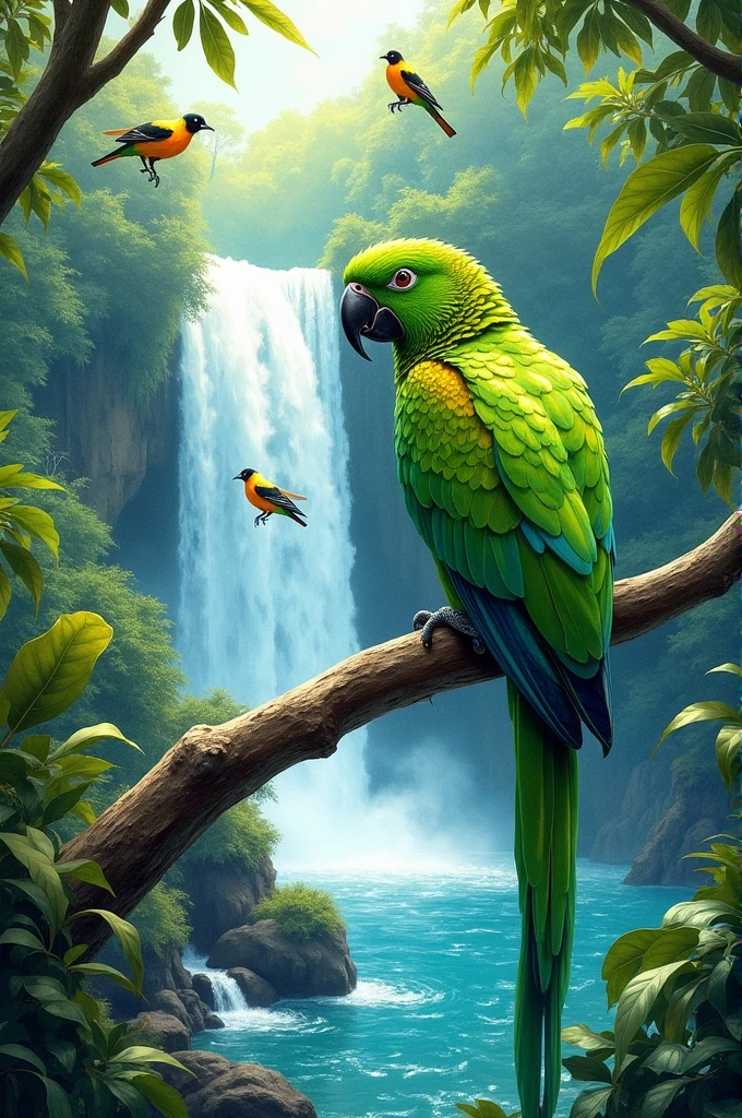 Green parrot painting and waterfall and troupial birds