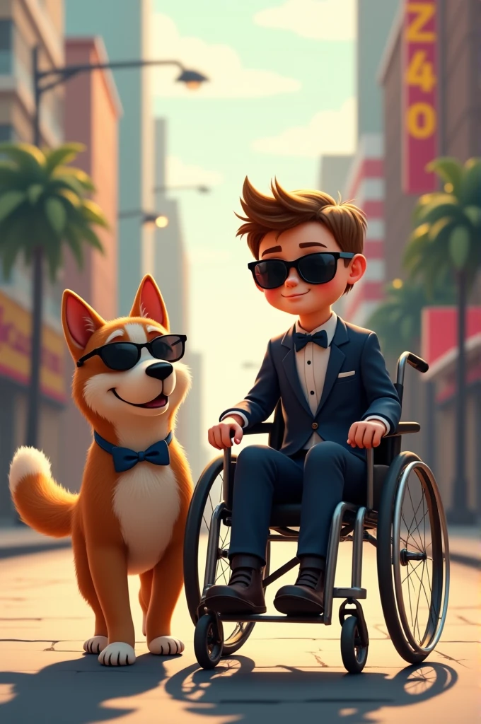 A boy in a wheelchair walking with his dog while they are dressed in fancy clothes and both are wearing sunglasses 