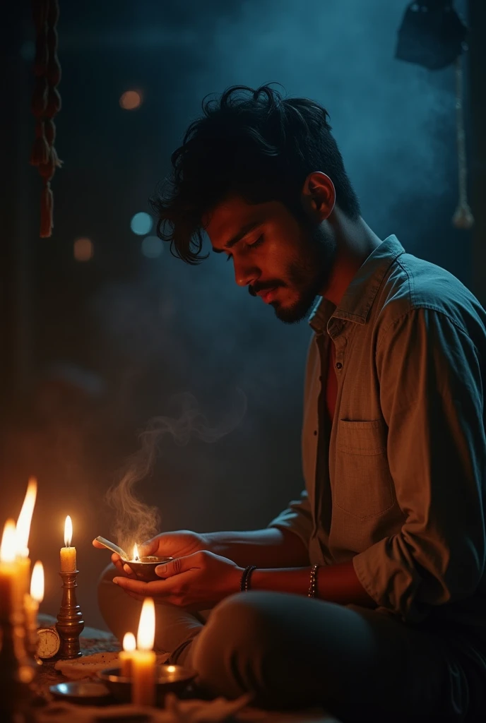 A 20 years old man from back worshiping lord shiva in darkness 