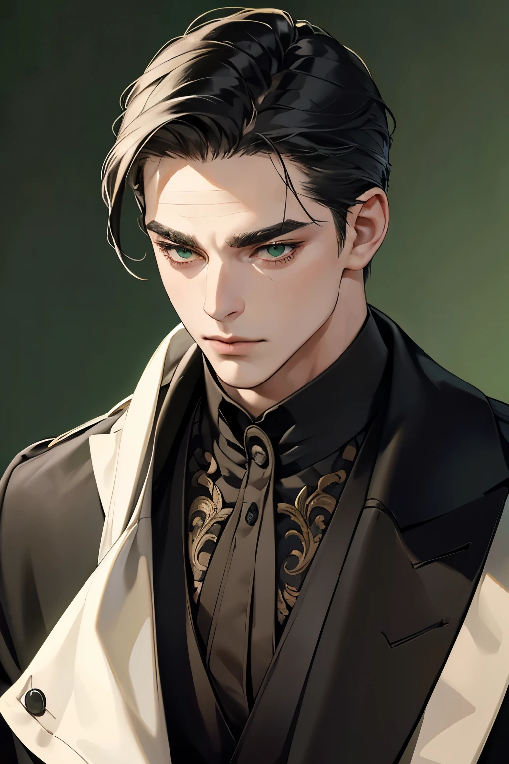 masterpiece, best quality, realistic, man, mature male, a masculine professor, buff physique, male, short hair, green eyes, serious, closed mouth, extremely detailed face, austere, ((slicked back black hair)), [thick eyebrows], ((black suit)), accurate, detailed, (8k, HD, best quality, intricate details, dark colors, masterpiece: 1.2), slicked back hair, green eyes, staring away, neutral background, formal, royal, portrait close-up shot, meursault_(limbus_company)