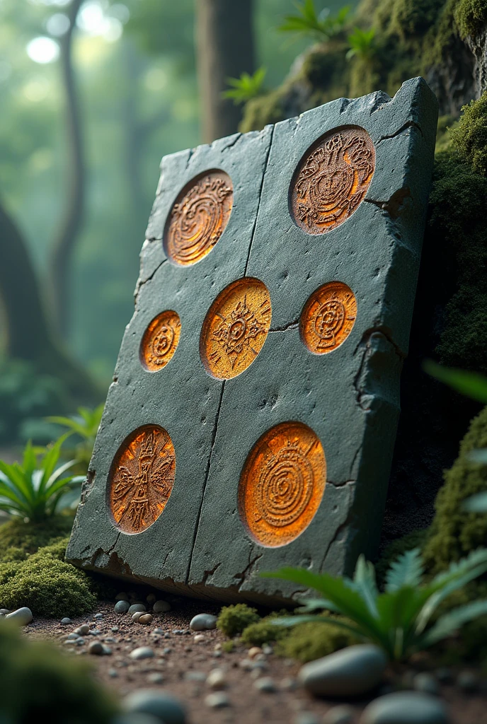 Horizontal stone tablet with 6 magical symbols, magical, natural national. Stylized 3D style. Tableta sheikah