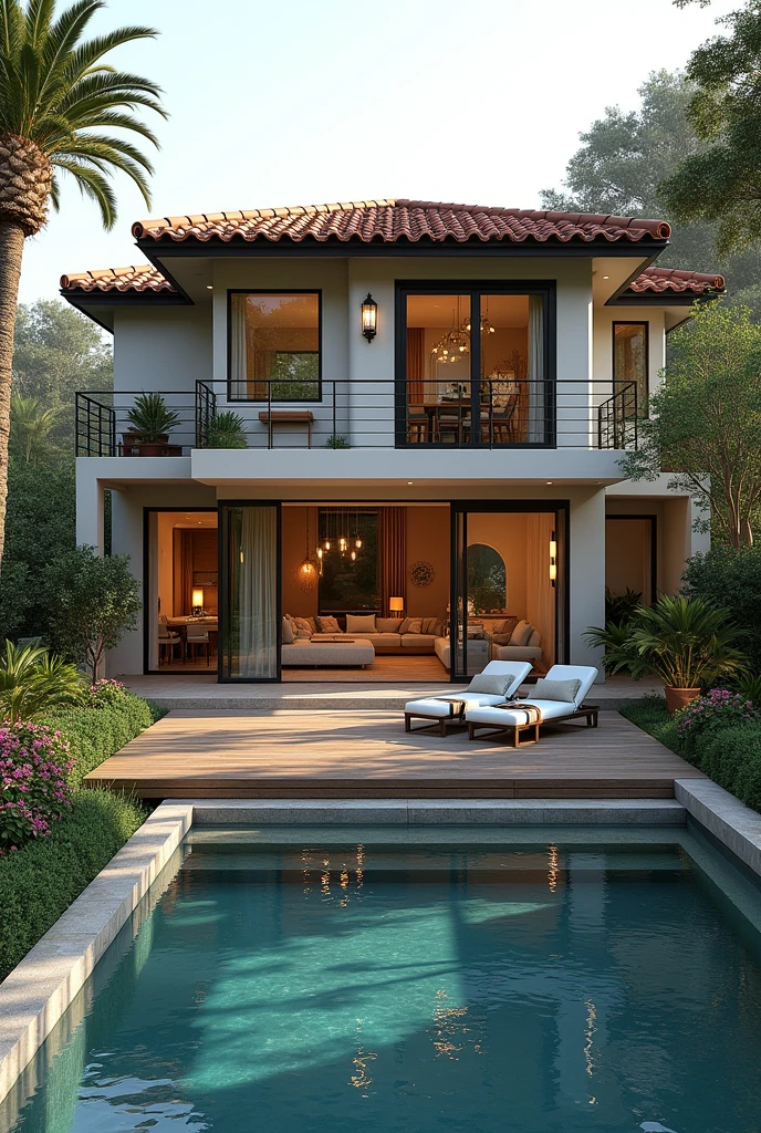 2-storey Mediterranean style house with a walkway connecting to a single-storey house ,Brown terracotta roof tiles,Clear glass window, black frame, In front of the house there is an outdoor swimming pool. , Small and large trees and flowers surround the house. ,Wooden walkway around the swimming pool ,Pictures of the morning atmosphere ,There is sunlight hitting the water surface. , Inside the single-storey house, you can see a set of sofas for relaxing.,dining table,Bar counter


