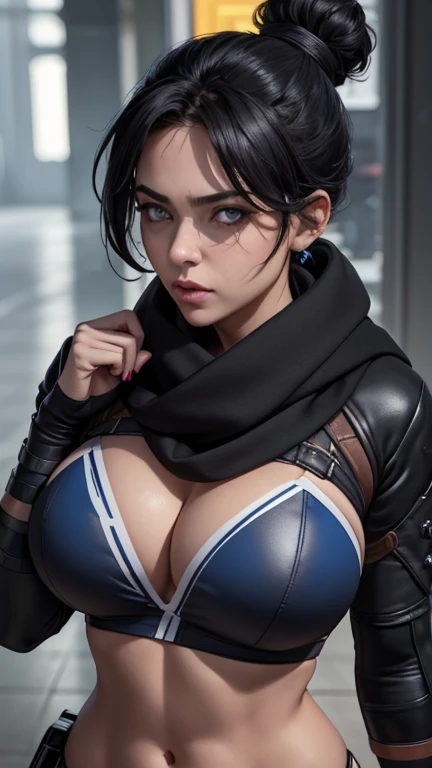 Foto de corpo inteiro, pose sexy, (Highly detailed CG Unity 8k wallpaper),(masterpiece), (highest quality), (super detailed), (Best Illustration),(best shadow), Wraith apex legends, pretty face focus, Masterpiece artwork, best qualityer, kissshotms, 1 girl, natta, Efeito de Luz, Masterpiece artwork, best qualityer, 1 girl, micro bikini, mature woman, breasts big, 8k, UHF, (abdomen, )muscular woman, Waist slender, detailedeyes, FGO1, 1stClothing, 1 girl, solo, hair bun simples, hair bun, scarf, sultry posing, Bblack hair, black scarf, blue colored eyes, bangss, bangss distributed, Hair behind the ear, mitts, piercing no nariz, mitts pretas