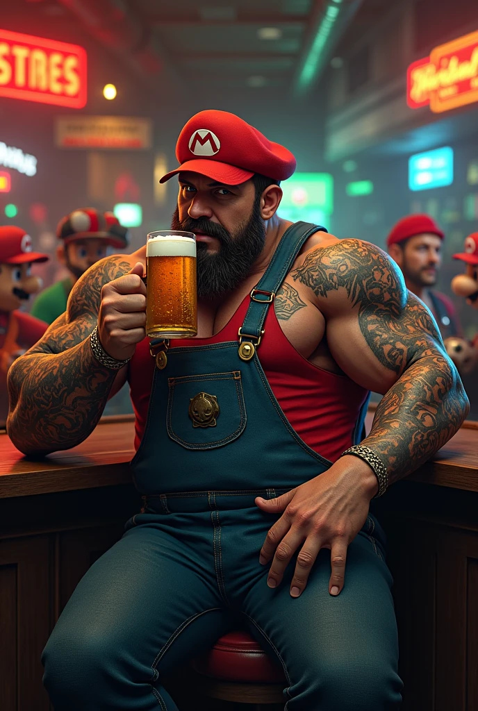 Muscular and tattooed Super Mario drinking a beer in a bar with the game's characters.