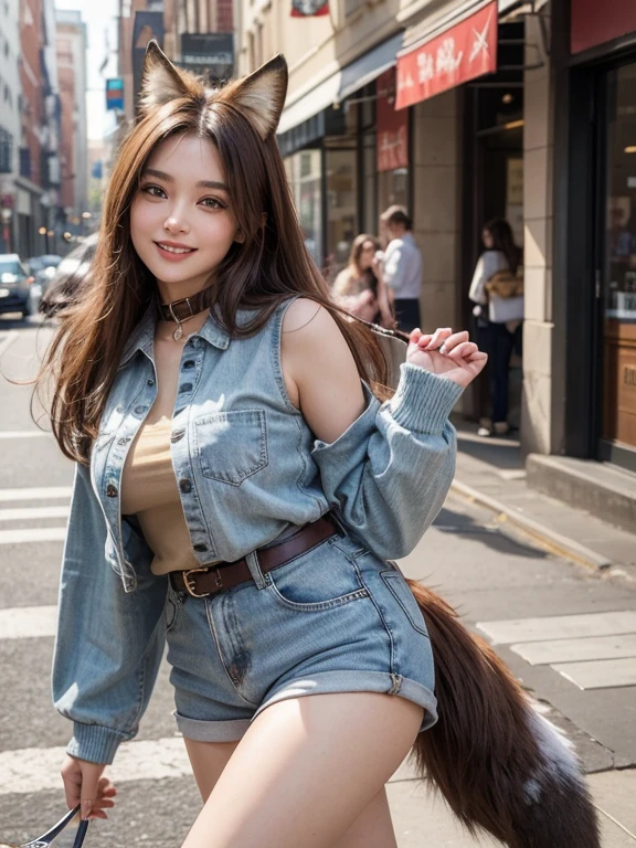 ((Highest quality, 8k)), ((masterpiece)), (Highest Resolution), Perfect Face, fox-eared woman, Female college student, Beautiful woman, Photographed in the city, Only one tail, she has thick thighs, Her big fox tail, Her brown fox tail, She wags her tail, smile, Collar on Leash, She&#39;s wearing sexy leggings, Plump Breasts, Beautiful Hips , Her fox tail sticks out, On all fours
