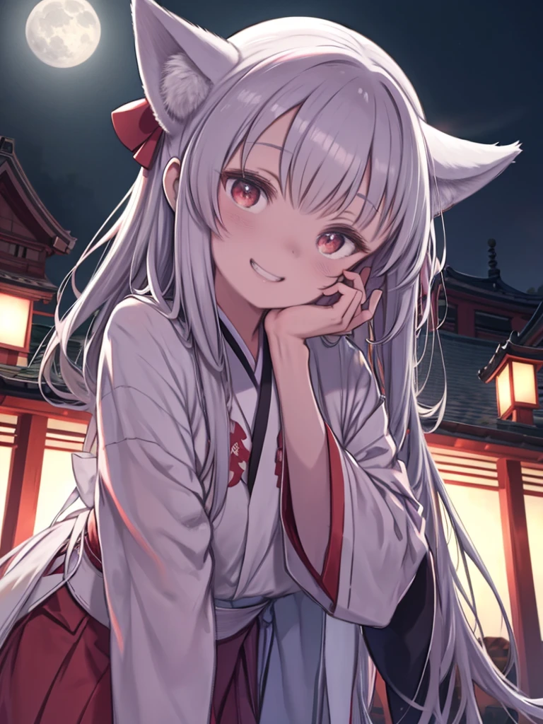 One Woman、Shrine maiden、Shrine maiden服、Fox Ears、Long stone staircase、、Night Scenery、full moon、Upper Body、(Grin)、White long hair、Red eyes、Vertical eyes、Angle from below、Stroking the cheek with one hand、Tilt your head、
