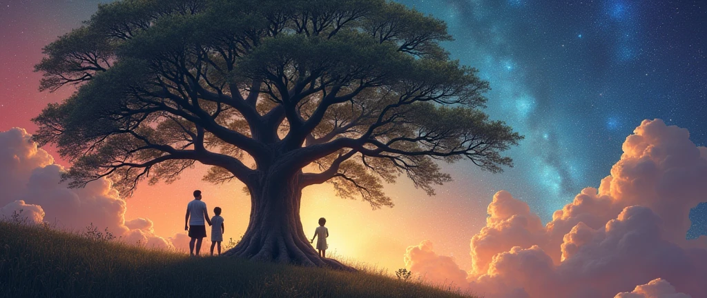Giant tree with many large, spreading branches, multicolored background with galactic atmosphere colorful nebulae and stars man woman with three children
