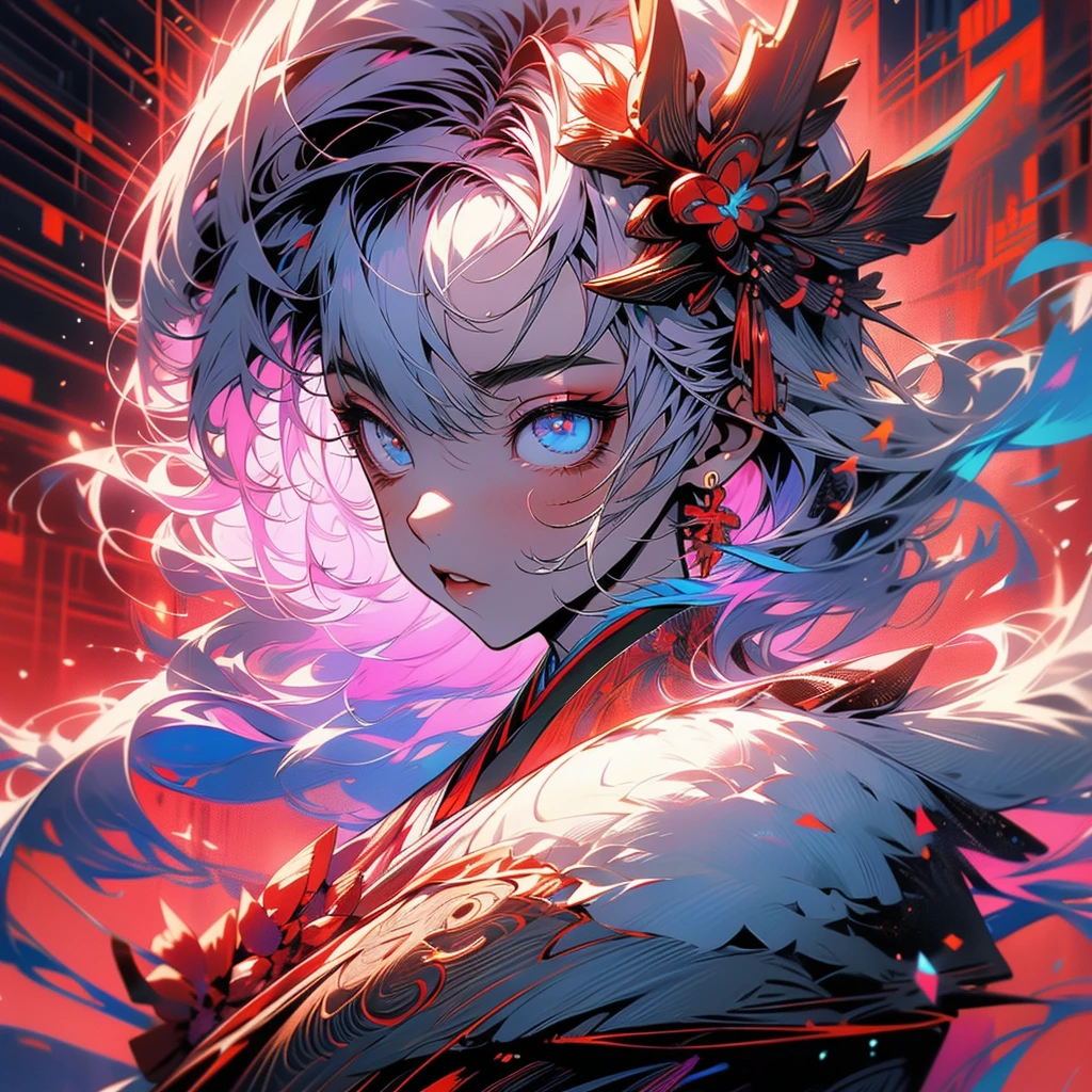 A vector art style, front view of an anime girl with traditional Japanese elements and cyberpunk design, red kimono, half face devil half face angel, hands in a prayer pose, multiple eyes on her head, she has wings behind her back, the background is a temple with a red and blue color theme, a colorful pop art illustration in the style of cool, a highly detailed, clean, bold manga poster, a 2D, flat, symmetrical composition. --ar 3:4 --niji 6