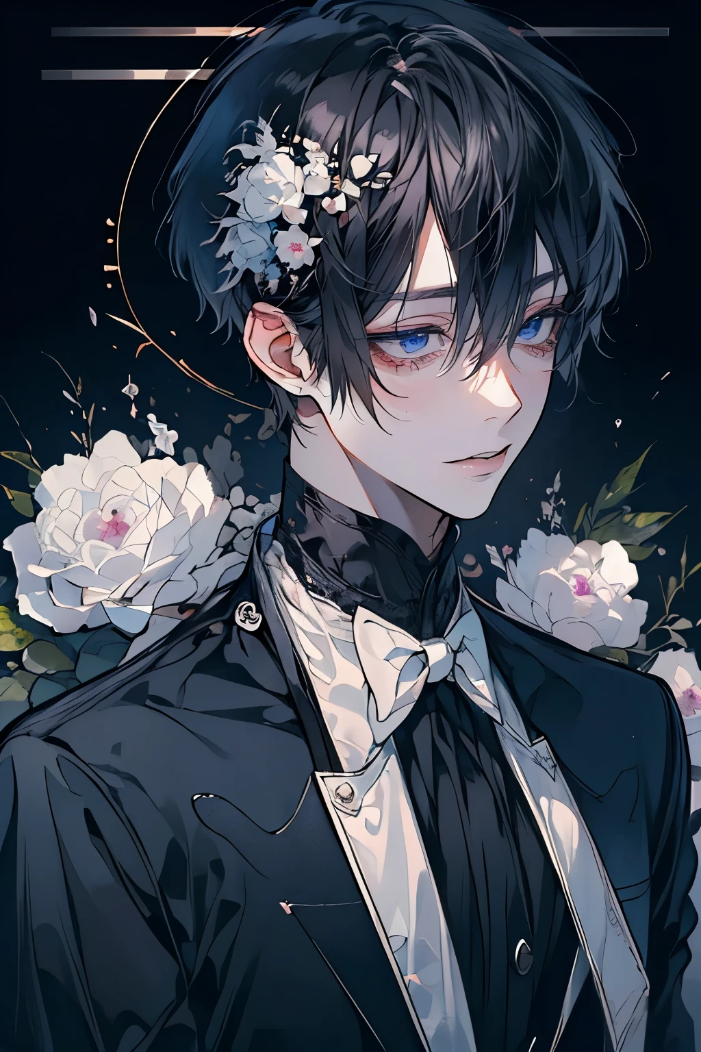 (Mastepiece)、(Best Quality)、Very detailed、((One man:1.5))、Perfect Face、Beautiful Face、Very detailedな顔、(Black Hair:1.3)、Black butler uniform、(Glasses、White gloves:1.3)、Straight face