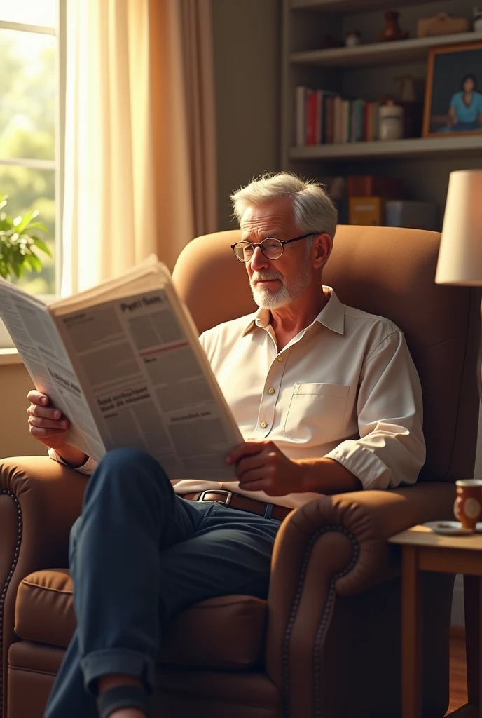 Dad siting on the chair and read news paper