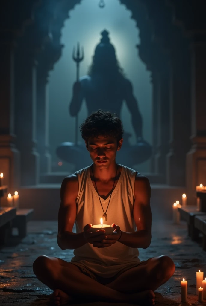 A 20 years old man from back worshiping lord shiva in darkness 