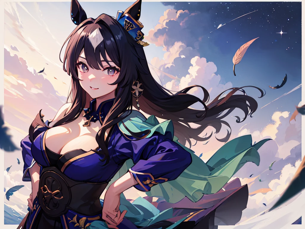 masterpiece, uhd, best quality, highres, 8k、shoot from above、upper body shot。solo、Horse ear girl、Smile。Brown Eyes、Pink Lipstick、Beautiful breasts。Shoulder less、Blue evening dress、Feather coat、Attached sleeves。Hands on hips。breeze、cliff、Starry Sky。