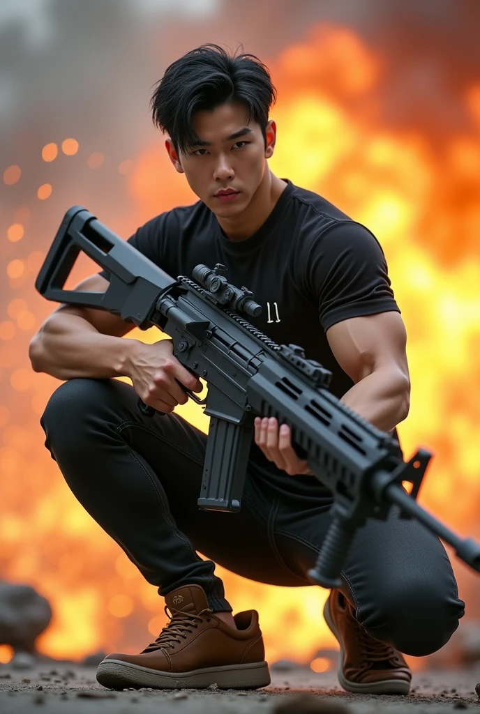 create ultra high resolution photos in realistic style Transformation of a handsome young man from South Korea,clean and white face, K-Pop style black hair , badan muscle,He was wearing a tight black shirt with text written on it. "LD"small logo, wearing black jeans and brown sports shoes. Express confidence and enthusiasm,Sharp eye gaze,he sat crouched holding a large firearm,his weapon is the size of a car, explosion background, api, fire, realistic