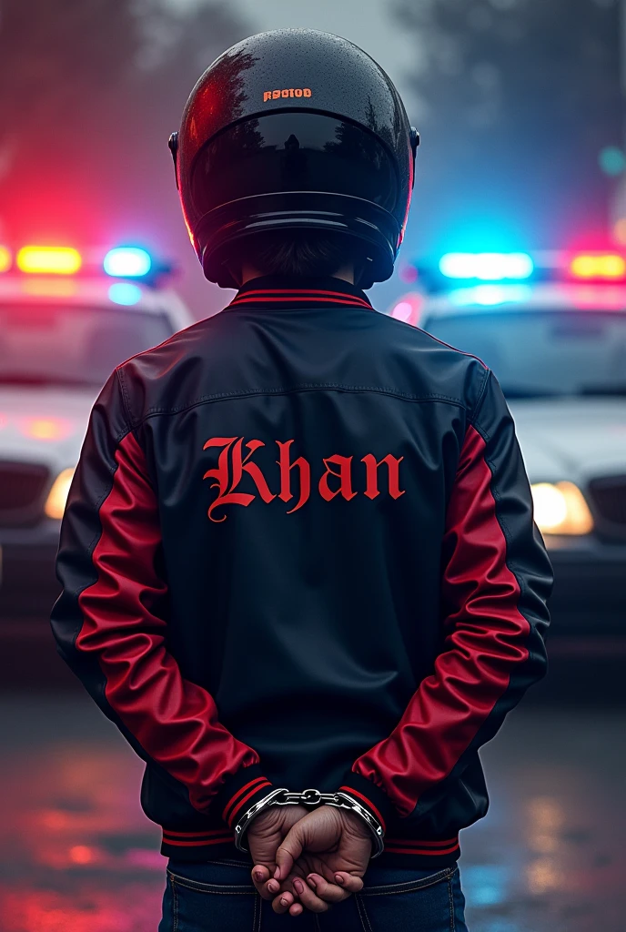 Generate a biker handcuffed facing a wall wearing a sports helmet red an black with jacket written Khan background lights of police cars and cartoonish image with big head and