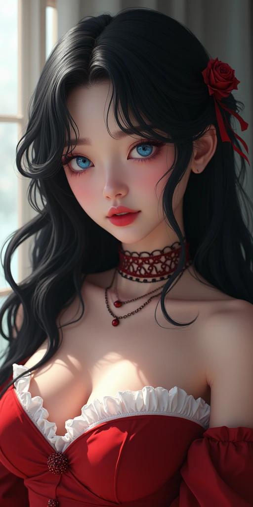 (best quality, ultra-detailed, photorealistic: 1.39), bright and vibrant colors, studio lighting, romantic expression, An effeminate girl, with a delicate and beautiful face. She is a girl who reflects seductive beauty, sparkling eyes, k-pop makeup, k-pop punk style, woman, A Beautiful and adult woman and voluminous black hair, pale skin because she is a k-pop vampire, crying a seductive 2 woman with big breasts seduces, matches the Beautiful makeup, pleasurable sadistic expression, with her large breasts seduces, k-pop crimson red dress, with white tones in the fabric, high collar, k-pop goddess, makeup, chained, with her blue eyes that matches her sadistic smile, in a beautiful pose demonstrating her seduction In an enchanted forest, full of magic, her cute pose makes her seduction evident, combined with her seductive look, oozing sensuality, with soft lighting, anime style, like a manwha character 