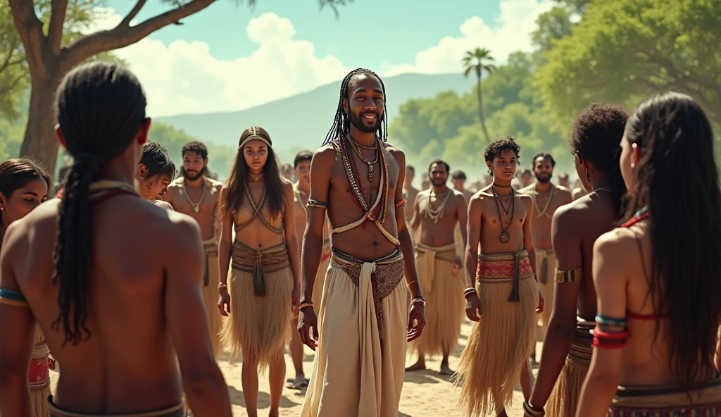 Birsa’s Teachings and Revival of Culture**
- Birsa is seen in a peaceful setting with the tribal community, teaching them about their traditional religion and cultural practices. The scene captures a sense of cultural revival, with people performing rituals, dances, and other traditional practices, guided by Birsa's wisdom and leadership.