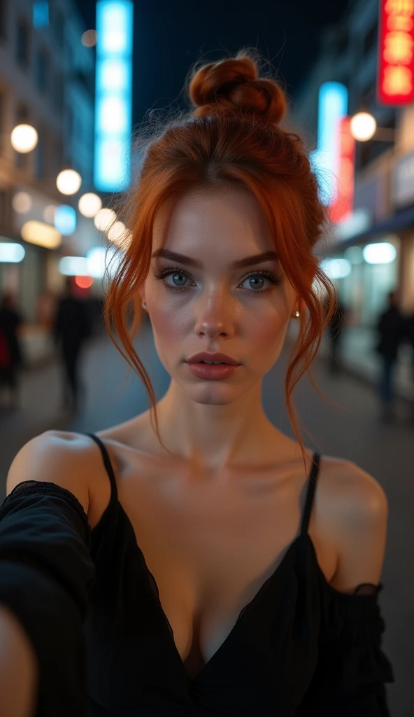 raw-photo, professional photo in UHD RAW format, (taking selfies, aerial view: 1,4), (straight half of the torso: 1,0). A 20 year old girl with a bun, natural red hair and blue eyes, parted lips. [ black gown ] [ hyper-realistic texture ], [ hyper-realistic skin texture ], [ Dark Street, natta, good lighting ]. fine-details, olhos e rosto extremamente symmetrical, extremely detailed, symmetrical, sharp piercing eyes. (city center), Fujifilm XT3, crystal-clear, center of frame, beautiful  face, sharp focus, street lamp, Neon Lighting, bokeh (dimly-lit), natta, (night sky).
