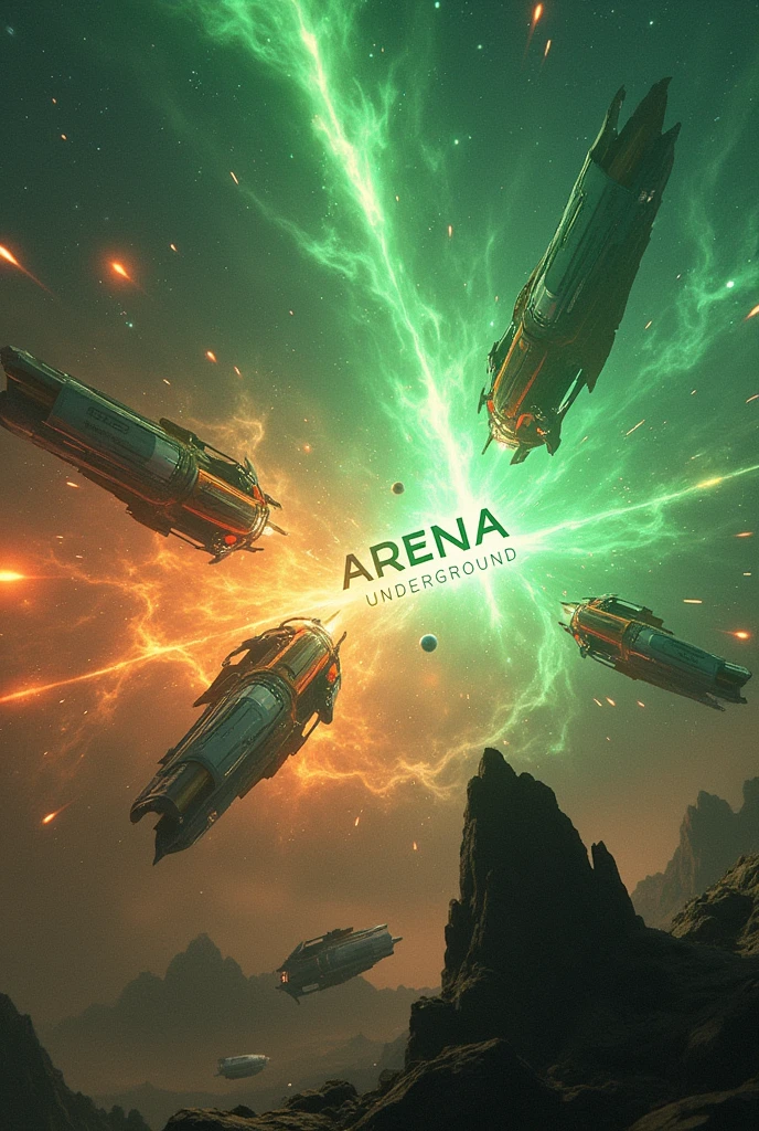 Make a picture for me with the theme of online computer games and video games. 
science fiction theme with spaceships, orbital stations and distant planets. Use vast star fields, colorful nebulas, and surfaces of various planets. Add spaceships and structures with advanced technology and futuristic designs. Use the color orange as a base and place the word Arena Underground in the center.
simulate a battle between 2 teams of 5 computer players. An image that inspires and attracts people, that is, one that simulates a battle between two forces.. one with orange color and the other green and centralizes in a mystical or futuristic way the words Arena Underground.


