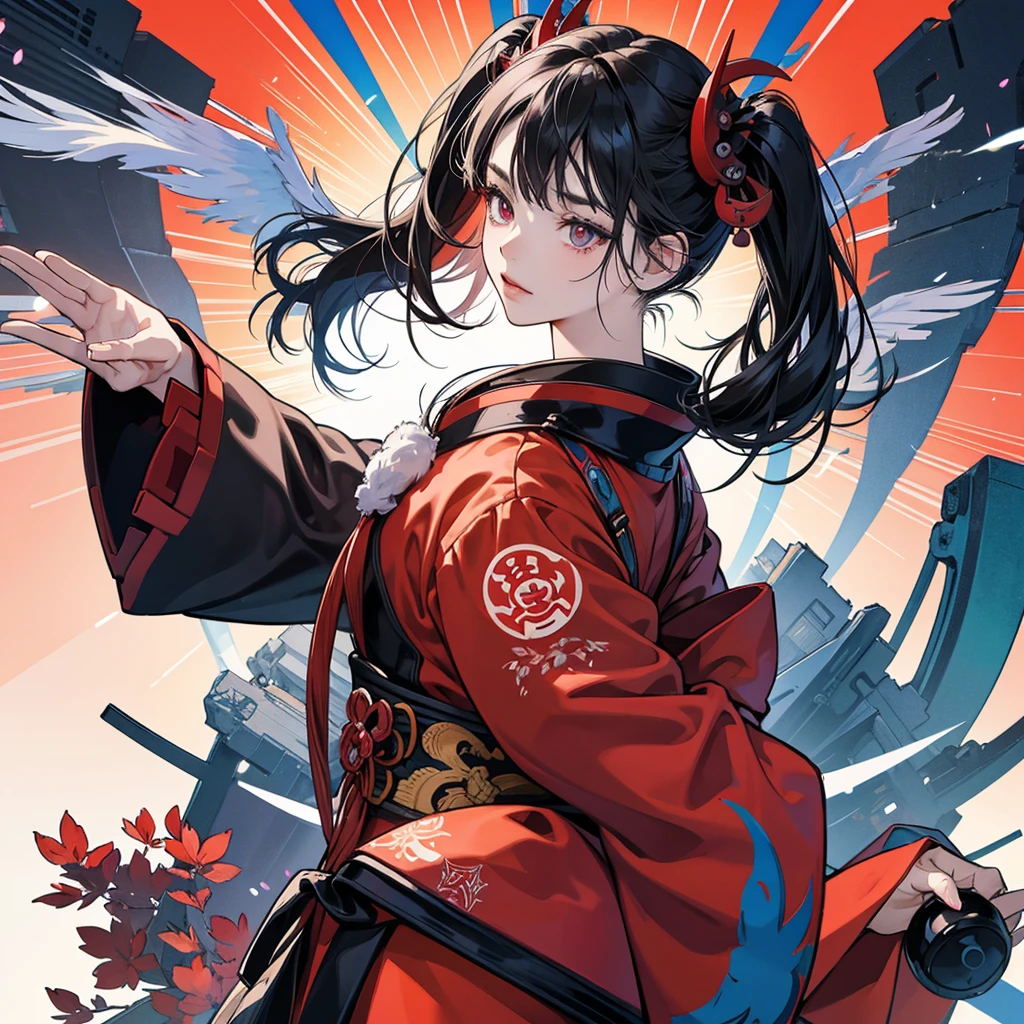 A vector art style, front view of an anime girl with traditional Japanese elements and cyberpunk design, red kimono, half devil half angel, hands in a prayer pose, multiple eyes on her head, she has wings behind her back, the background is a temple with a red and blue color theme, a colorful pop art illustration in the style of cool, a highly detailed, clean, bold manga poster, a 2D, flat, symmetrical composition. --ar 3:4 --niji 6