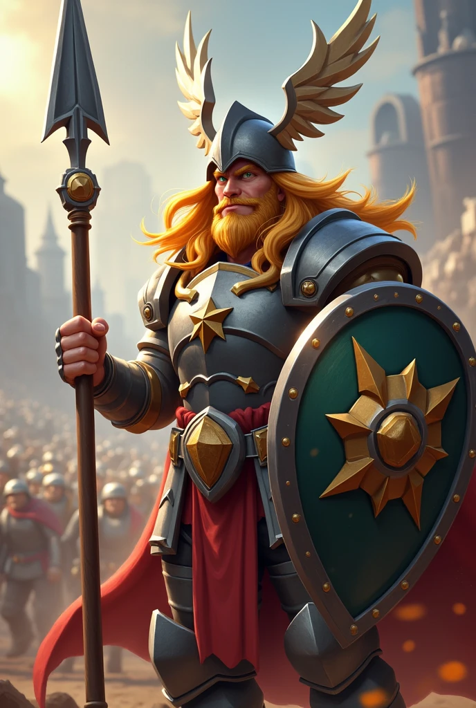 Make a Clash Royale style character with long golden hair, with a spear and shield, beardless green eyes, with a helmet that has wings on top