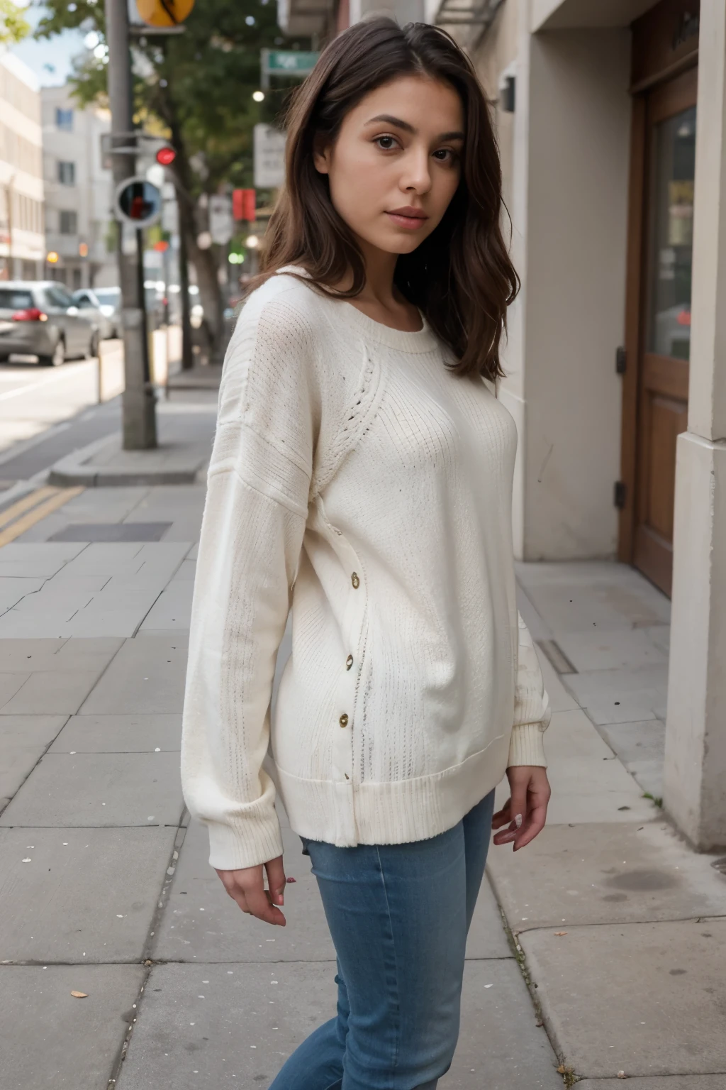 ((best quality)), ((masterpiece)), (detailed)  latina woman in a White sweater and jeans standing on a sidewalk, White sweater, wearing a White sweater, wearing sweater, wearing a casual sweater, wearing a sweater, wearing a sweater de gran tamaño, close angle, Bottom angle, standing on a city street, casual clothes, complete cinematographic shot, casual clothes, detailed white, sandy beige, standing full body with white sneakers