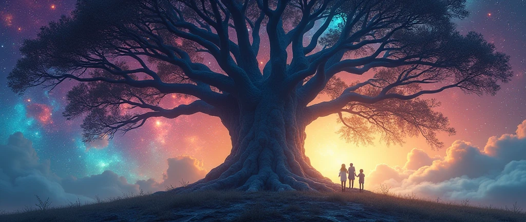Giant tree with many large, spreading branches, multicolored background with galactic atmosphere colorful nebulae and stars three children 
