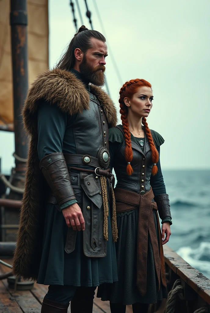 man 30 year old, Cao Cao , viking estilo Ragnar lodbrok corpo musculoso, next to him a red-haired woman with Viking braids,peasant.
They are on a Viking ship