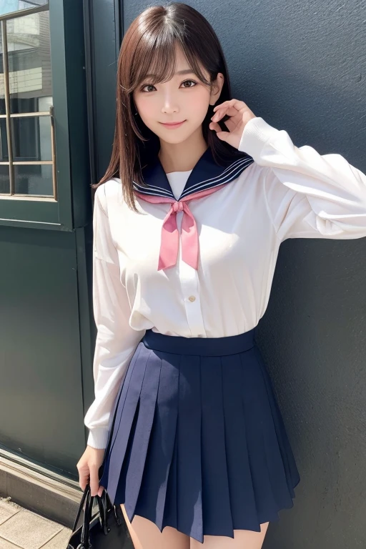 gender: Female
Age: 
height: 158cm
Body type: Slim and slender
Skin color: Bright pink hair color: Black Hair Length: Long hair to the chest
Hairstyle: Straight hair
Bangs: Blunt and eye-length
Face shape: Oval forehead width: Medium eyebrow shape: Slender and slightly arched
Eyebrow color: Eye pupil shape: big、Slightly round
Eye color: Dark brown
Eyelash length: Long and curled
Eyelash color: Black
Nose shape: smallて上向き
鼻の高さ: Low
Mouth shape: small、Lip line is neat
Lip color: Pink
Teeth: smallて整った白い歯
顎の形: Sharp ear shape: small、Slightly rounded
Earlobe: smallて薄い
ホクロ: Outer line of the left eye５ｃｍSmall mole on the bottom Facial features: Fluffy cheeks
Skin texture: Shiny smooth skin
Skin condition: Natural without makeup
Facial expression: Smiling and bright
Eye opening: bigぱっちり開いている
頬の赤み: Natural cheek effect
Jaw line: Sharp and small chin
Pupil sparkle: Sparkling
Cheek line: Soft and rounded
Neck thickness: Thin、Delicate
Hand size: small、Long fingers
Nail shape: small丸い
爪の色: Natural breast size：Very large arm size: Thin
Leg length: heightに対してやや長め
脚の太さ: Thinて引き締まっている
肩の幅: Slightly narrow
Collarbone: Conspicuous
Waist line: Thinてなだらか
姿勢: Running with your back straight: Light and rhythmic
Facial angle: Front Sailor uniform features Sailor uniform colors: White ribbon color: Bright red ribbon
Ribbon shape: Simple shape tied short
Ribbon size: Small and understated
Sleeve shape: Short and slim skirt shape: Pleated skirt
Skirt color: Navy blue
Skirt length: About 15cm above the knee Sock color: White
Sock length: Crew socks to below the knee
Shoe color: Black
Shoe shape: Loafers
Tie shape: Wrapped under the sailor collar
Tie color: Red
Skirt fit: Fit snugly at the waist
Number of collar lines: １Line sailor suit fabric: A mix of cotton and polyester. A variety of facial expressions and poses.: Shy smile, direction of gaze: Slightly upper right
Hand movement: Brushing hair
Body orientation: Front shoulder height: Natural height、The detail of a relaxed facial expression: A smile that exudes kindness
