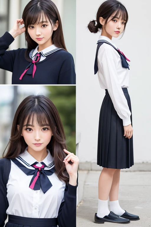 gender: Female
Age:
height: 158cm
Body type: Slim and slender
Skin color: Bright pink hair color: Black Hair Length: Long hair to the chest
Hairstyle: Straight hair
Bangs: Blunt and eye-length
Face shape: Oval forehead width: Medium eyebrow shape: Slender and slightly arched
Eyebrow color: Eye pupil shape: big、Slightly round
Eye color: Dark brown
Eyelash length: Long and curled
Eyelash color: Black
Nose shape: smallて上向き
鼻の高さ: Low
Mouth shape: small、Lip line is neat
Lip color: Pink
Teeth: smallて整った白い歯
顎の形: Sharp ear shape: small、Slightly rounded
Earlobe: smallて薄い
ホクロ: Outer line of the left eye5cmSmall mole on the bottom Facial features: Fluffy cheeks
Skin texture: Shiny smooth skin
Skin condition: Natural without makeup
Facial expression: Smiling and bright
Eye opening: bigぱっちり開いている
頬の赤み: Natural cheek effect
Jaw line: Sharp and small chin
Pupil sparkle: Sparkling
Cheek line: Soft and rounded
Neck thickness: Thin、Delicate
Hand size: small、Long fingers
Nail shape: small丸い
爪の色: Natural breast size:Very large arm size: Thin
Leg length: heightに対してやや長め
脚の太さ: Thinて引き締まっている
肩の幅: Slightly narrow
Collarbone: Conspicuous
Waist line: Thinてなだらか
姿勢: Running with your back straight: Light and rhythmic
Facial angle: Front Sailor uniform features Sailor uniform colors: White ribbon color: Bright red ribbon
Ribbon shape: Simple shape tied short
Ribbon size: Small and understated
Sleeve shape: Short and slim skirt shape: Pleated skirt
Skirt color: Navy blue
Skirt length: About 15cm above the knee Sock color: White
Sock length: Crew socks to below the knee
Shoe color: Black
Shoe shape: Loafers
Tie shape: Wrapped under the sailor collar
Tie color: Red
Skirt fit: Fit snugly at the waist
Number of collar lines: 1Line sailor suit fabric: A mix of cotton and polyester. A variety of facial expressions and poses.: Shy smile, direction of gaze: Slightly upper right
Hand movement: Brushing hair
Body orientation: Front shoulder height: Natural height、The detail of a relaxed facial expression: A smile that exudes kindness