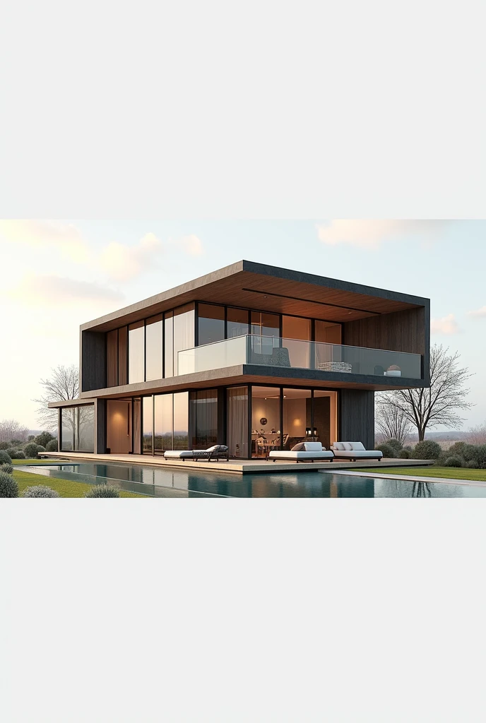 EXTERIOR of the house, villa house, landscape garden, raw photo, cloudy sky, morning, European plants, render, spring light, detailed, modern style, clear image, glasses, high reflection, 8k UHD, DSLR, soft lighting, high quality, film grain, Fujifilm XT3, A POOL WITH CLEAR WATER, day time, realistic, wide angle, render vray, while house, wood material, glass matetial