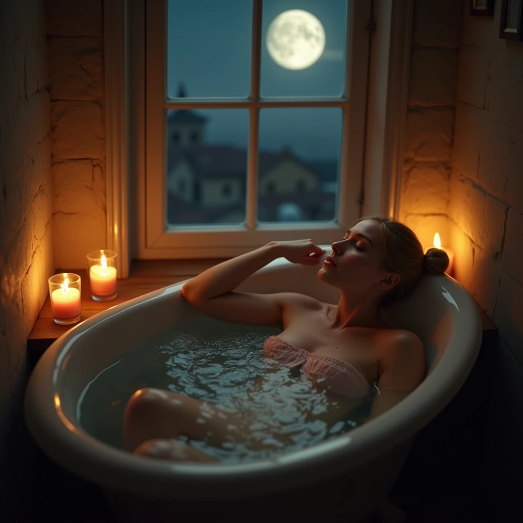 Cinematic shot from above of: a beautiful blonde woman in her early 20s with big breast relaxes in a warm, dimly lit bathtub, surrounded by the soft glow of candles and the gentle illumination of moonlight streaming through the window. Her hair tied up in a neat bun and she rests her head on the edge of bathtub. Her stomach and knees are visible above a water.
