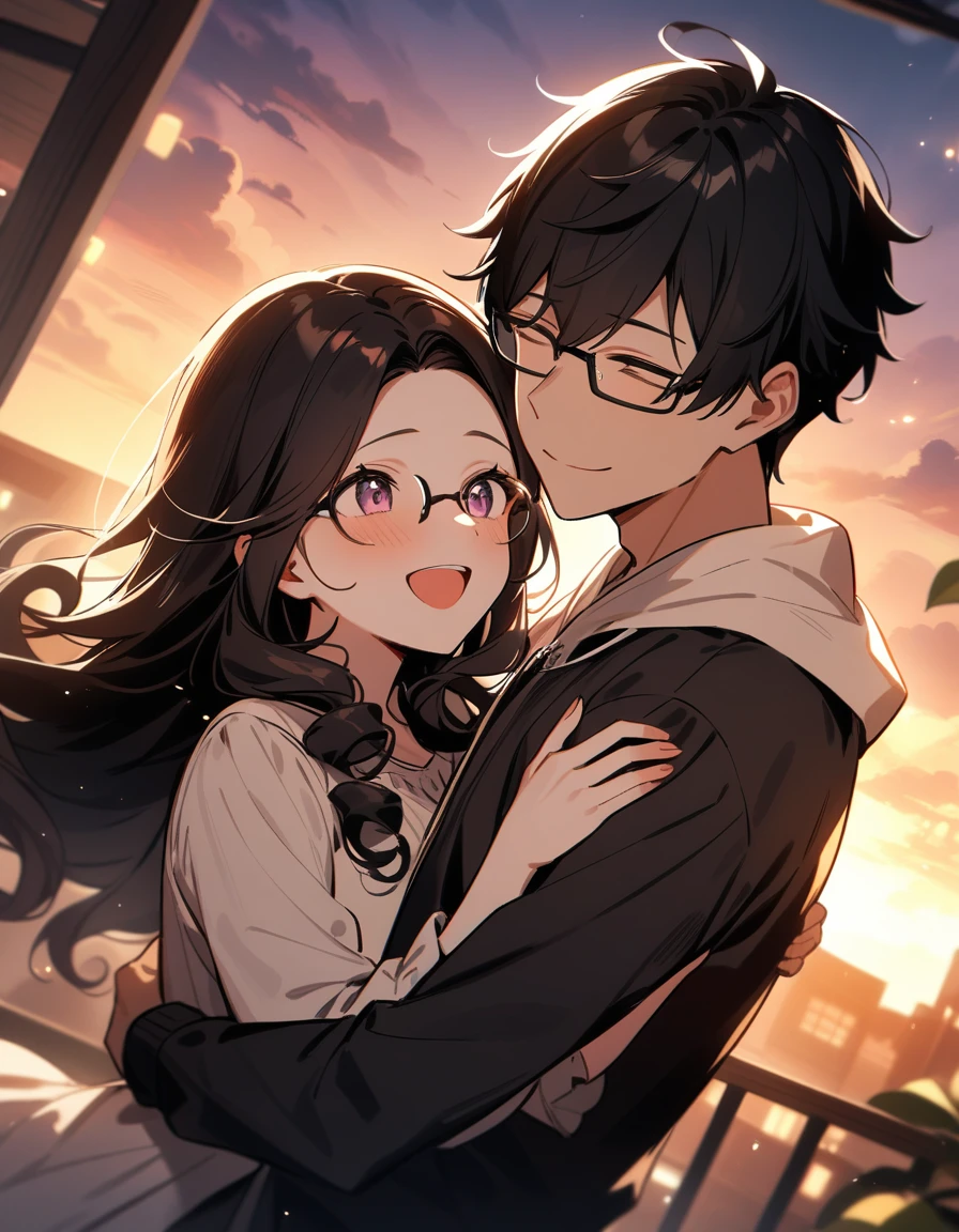 (couple), girl and boy, 1boy, (boy with short black curly hair, no glasses), 1girl, (girl with curly vibrant black long hair and glasses), intimate, rich in detail, happy expression, love, long shot, hugging, wide angle, (masterpiece, best quality, aesthetic, heavenly)
