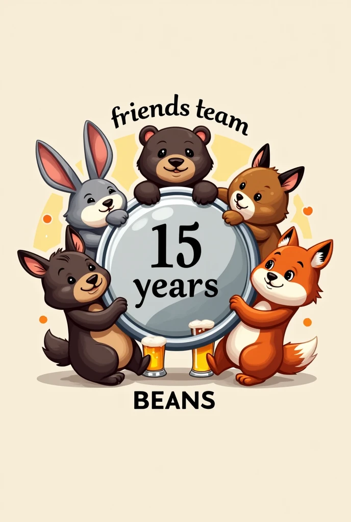 Create a logo with animals with glasses of beer in their hands and a silver coin in the center with the phrase "15 years" , a papyrus sign at the top that says "Friends team" , another lower sign that says "beans" , You can make them a little more sober, not so childish.