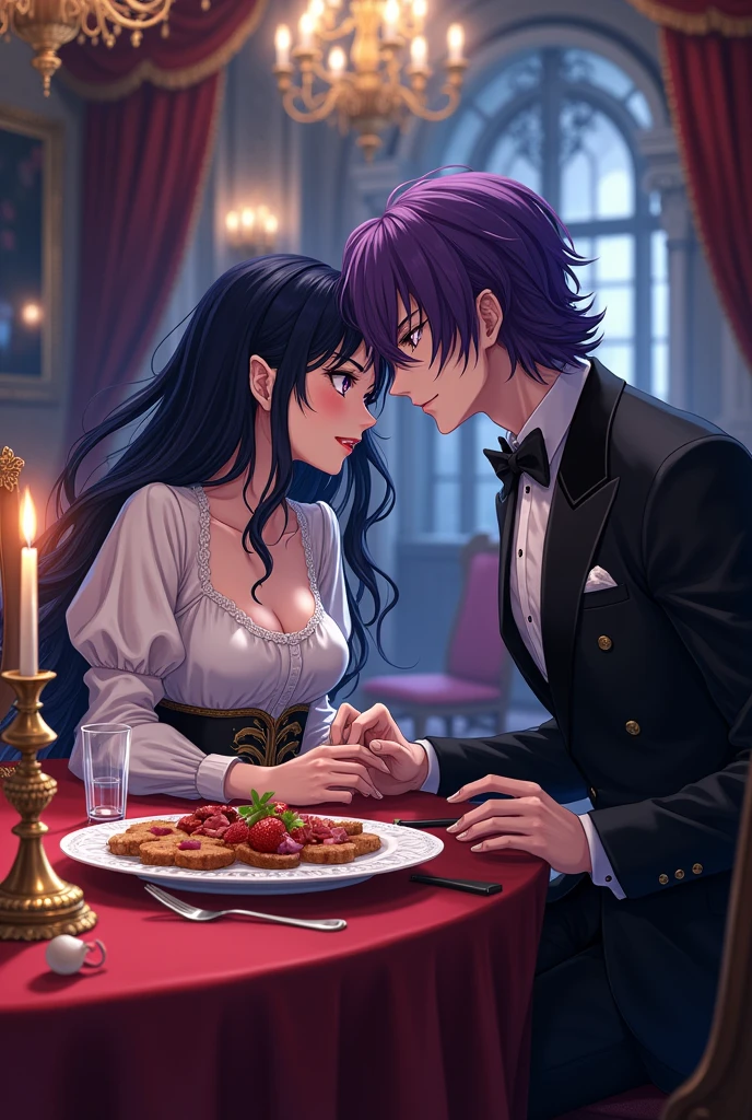 Dark-blue hair anime vampire girl and purple curly hair vampire boy in dinning room of mansion and feast. They sit and
They faced camera.they are anime