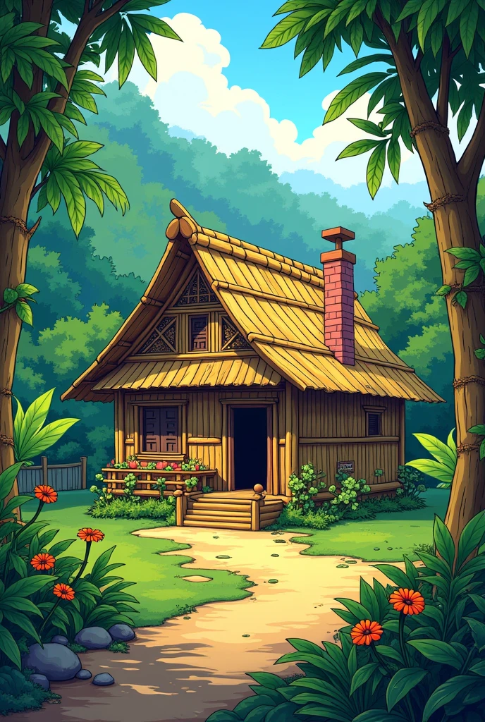 A simple house made of bamboo and indigenous straw, in this village there are many forests, comic book style.