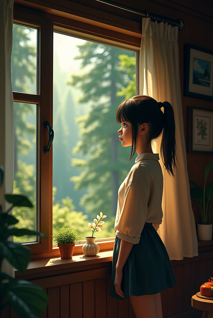 A warm, inviting light emanates from the windows. forest house 
A  standing by the window, looking outside with curiosity
She has a gentle expression, and her hair is tied up in pigtails.

