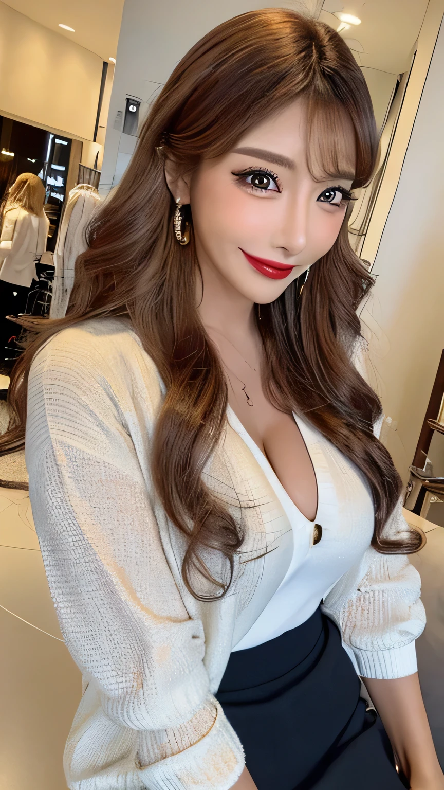 ((Highest quality, Ultra-high resolution、The most complex and detailed depiction))、(Bright lighting:1.1)、(Beautiful woman:1.1)、(Long Wavy Hair:1.05), (Accurate anatomy:1.1)、Micro Mini Pleated Skirt, Unbuttoned and open shirt, Nipples are visible, Not wearing a bra, Not wearing panties, Colored contact lenses、Perfect Makeup、ピンクのlipstick、Highly saturated eyeshadow、Shiny metallic bodycon、Blurred Background, Look at me and smile、Luxurious Room、(Ultra-high resolution gloss, Fair skin:1.1)、Ultra-high resolutionの顔、Ultra-high resolutionの髪、Ultra-high resolution sparkling eyes、Ultra-high resolution glossy lips、Beautiful face drawn in every detail、Ultra-high resolution perfect beautiful teeth、(Bright and vivid:1.1), whole body, Beautiful legs in every detail、Beautiful legs in every detail、Bold Pose, Wavy Hair、lipstick、Long eyelashes、Perfect Makeup、Big Breasts、(Perfect Hair:1.2)