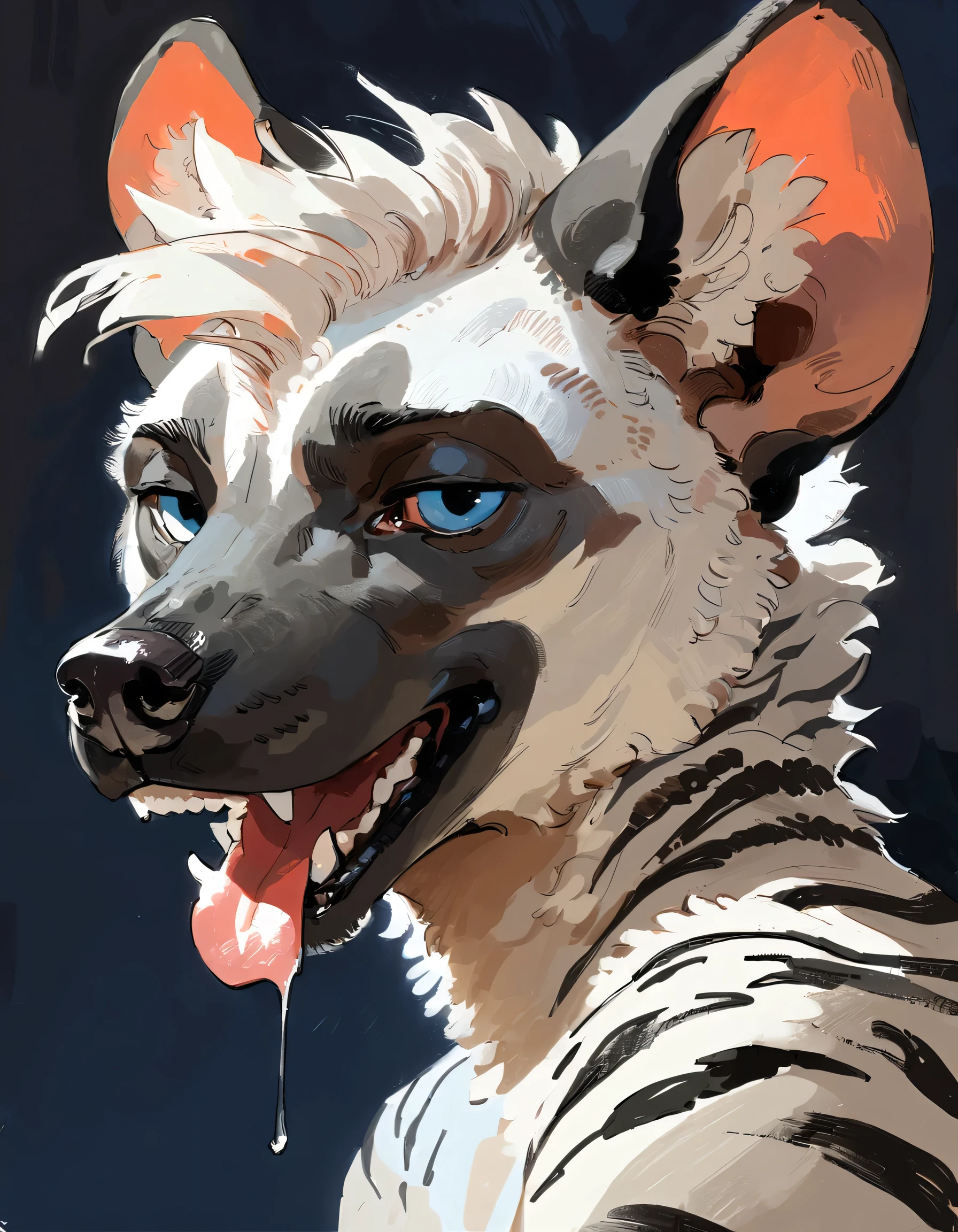 ((Striped Hyena)), solo, male, (anthro), (by seyorrol), ((simple room background)), realistic shading, (epic, masterpiece, high quality, 8k, ultra HD, absurd res, top quality, best quality, max quality, masterpiece), ((((feminine body, feminine features)))), ((skinny)), realistic blue eyes, squinting, close up, headshot, pov, (dynamic lighting), detailed fur, ((mouth half open, tongue, perfect teeth, drooling profusely)), ((seductive expression, (relaxed))), ((three quarter view)), looking at camera, white fur, dark stripes,