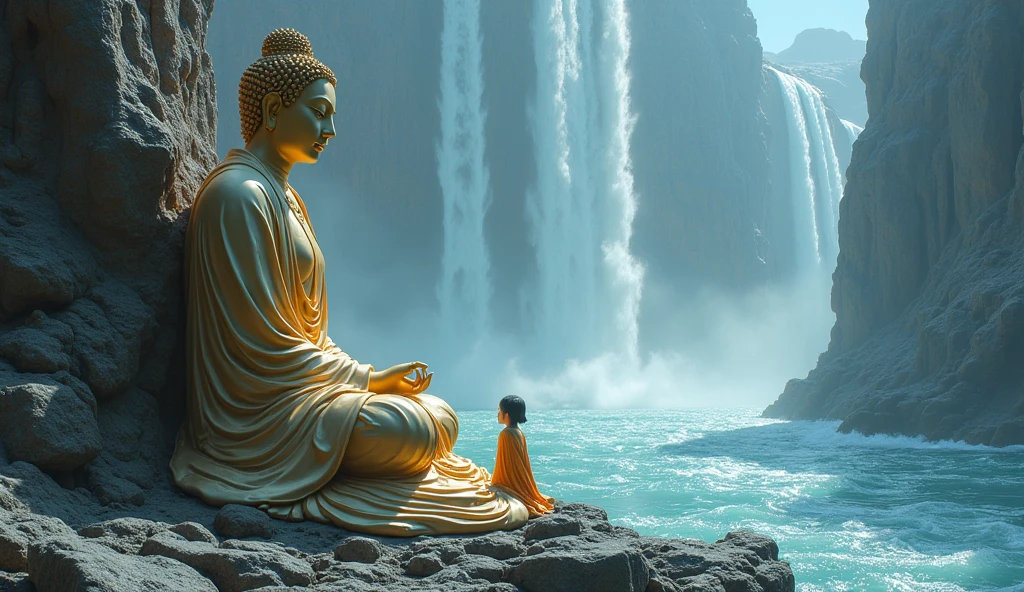 A close shot of the giant Guanyin Buddha meditating on a distant alien world. Imagine a serene landscape,Wearing gold and silver gauze, View from the side,fairy child,The boundless pure ocean, Reflecting the light in the night sky, Between the waterfalls, The rhythmic movement of the breath is synchronized with the gentle movement of the alien ocean. Subtle details,For example, the intricate design of a Jedi lightsaber, In harmony with the beauty of the surrounding paradise, Adding extra visuals, Scenic landscape .