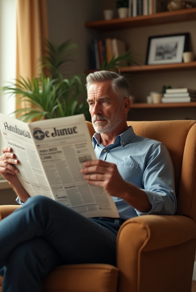 Dad siting on the chair and read news paper no beard