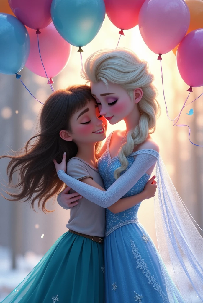 Elsa from Frozen hugging a girl with black hair with balloons