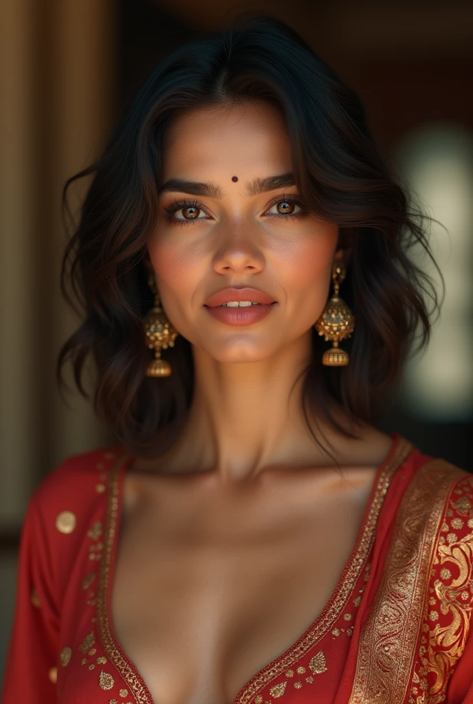 A breathtakingly lifelike photograph of a stunningly beautiful 1 Indian woman. face like Kriti Sannon, perfect and very detailed round medium natural breasts, detailed cute natural cleavage, wearing a beautiful indian dress, Presented in exquisite 8k resolution, the details are so precise and vivid that they seem to leap off the screen. The image is rendered in photorealistic quality, utilizing the latest UHD:1.2 technology for an unparalleled viewing experience. The woman has medium-short, dark brown hair framing her face in a way that emphasizes her striking features. Her double eyelids are a testament to her delicate beauty, while her highly detailed glossy eyes shine with intelligence and allure. The glossy lips are painted in a soft shade of pink, adding an extra touch of femininity to her already irresistible appearance., detailed face, alluring face, detailed background, fine detailed, intricate detail, ray tracing, depth of field, low key, hdr,