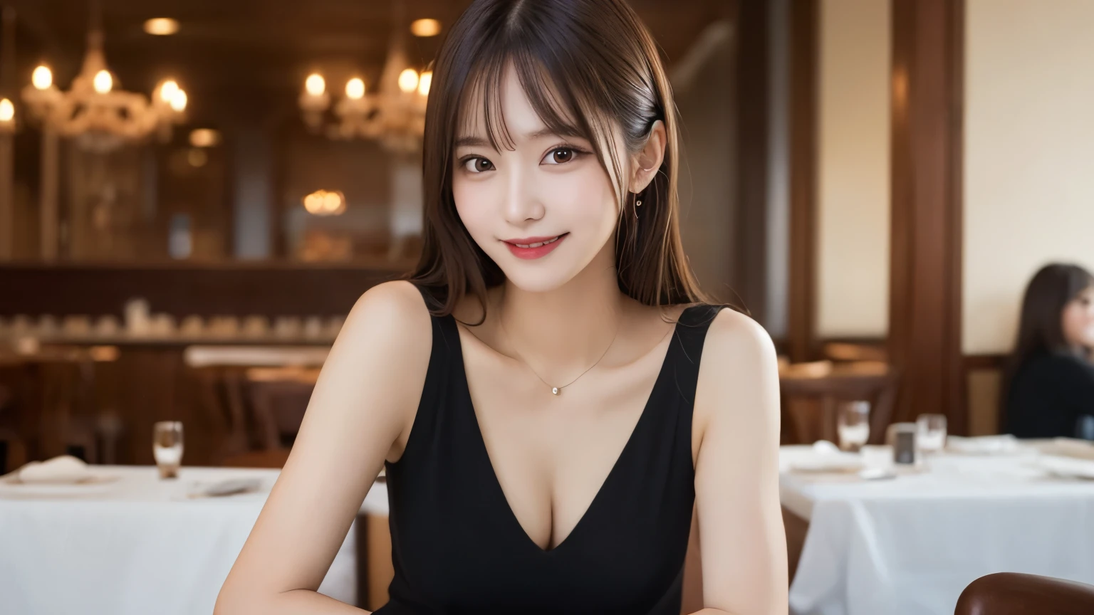 Highest quality, figure, Super detailed, In detail, High resolution, 8k wallpaper, Perfect dynamic composition, Beautiful attention to detail, Medium chest, Natural color lip, Random sexy poses,smile,、1 girl、Beaver,Long Hairstyles,restaurant